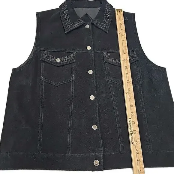 Vintage Shaver Lake Black Suede Embroidered Western Vest Medium Boho Whimsigoth - Picture 7 of 8